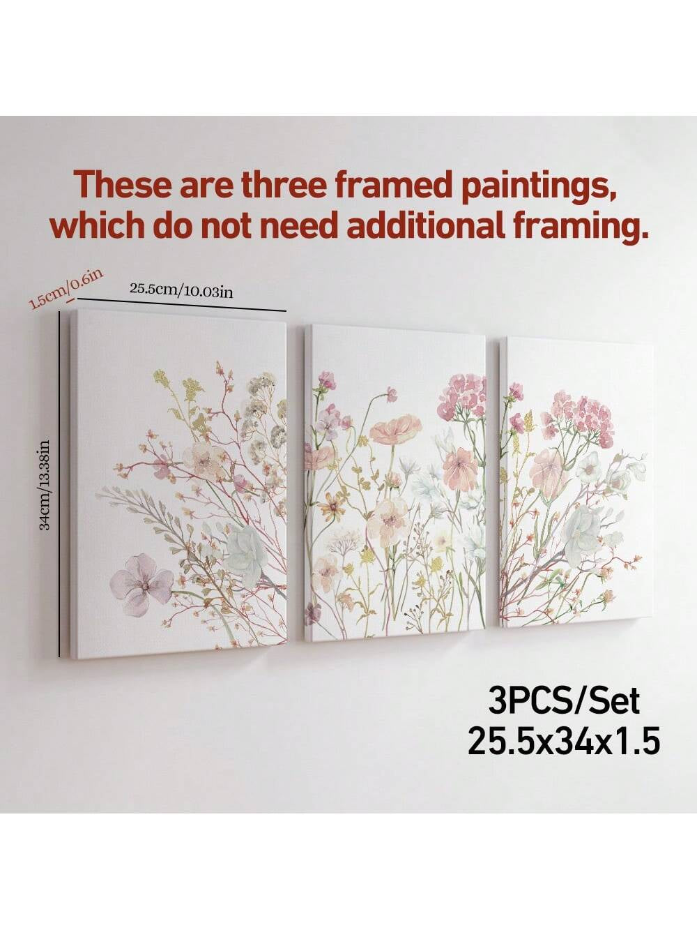 3-Piece Wildflowers Canvas Poster Set – Pink Botanical Wall Art Prints for Bedroom, Living Room & Office Decor (Unframed)
