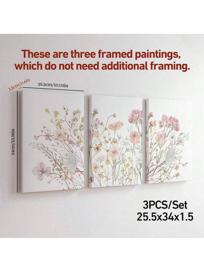 3-Piece Wildflowers Canvas Poster Set – Pink Botanical Wall Art Prints for Bedroom, Living Room & Office Decor (Unframed)