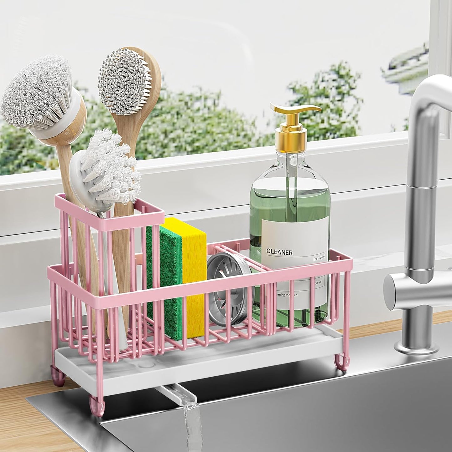 Black Stainless Steel Kitchen Sink Caddy – Rotatable Spout Sponge Holder with Brush Organizer & Soap Storage