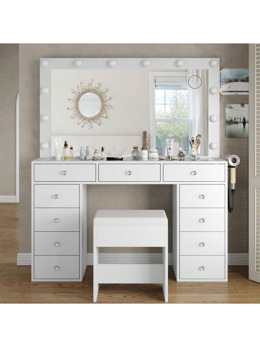 Vanity Desk with Power Outlet – White Makeup Vanity Set with Mirror, 12 LED Lights, 11 Drawers & Chair