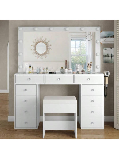 Vanity Desk with Power Outlet – White Makeup Vanity Set with Mirror, 12 LED Lights, 11 Drawers & Chair