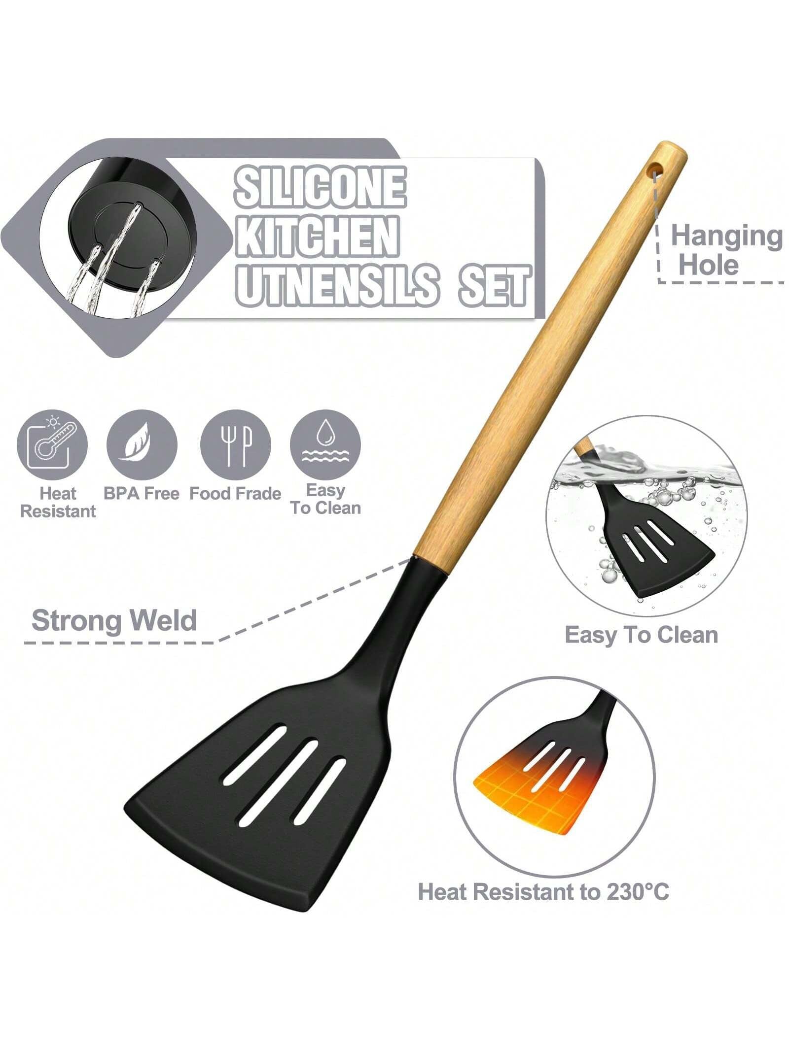 Kitchen Utensils Set – 34PCS Silicone Cooking Utensils with Holder, Heat Resistant Spatula Set for Nonstick Cookware, Black with Wooden Handles