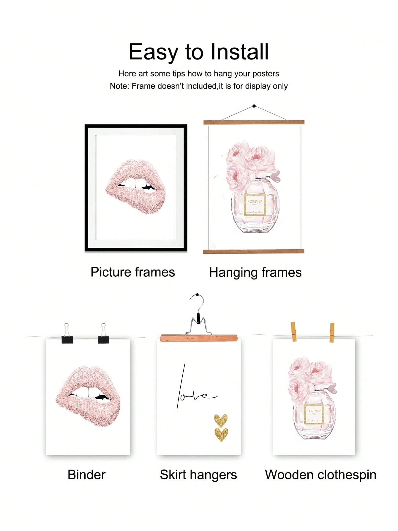 3Pcs Pink Lips & Floral Perfume Canvas Art Set – Fashion Wall Prints for Girls' Rooms, Salons, & Modern Spaces