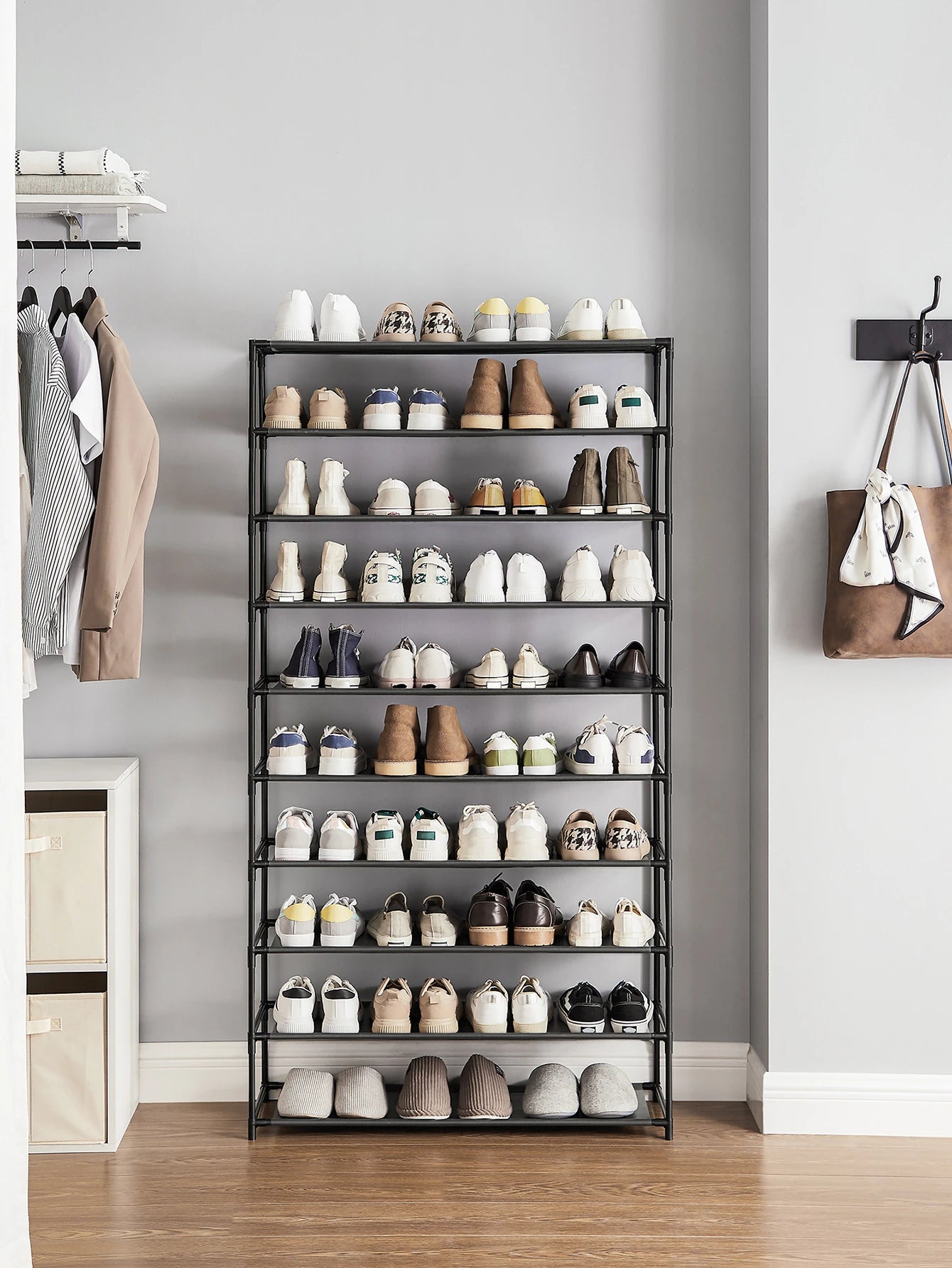 10-Tier Shoe Rack – Vertical Shoe Organizer with Metal Frame & Non-Woven Shelves for Entryway or Bedroom (Black)