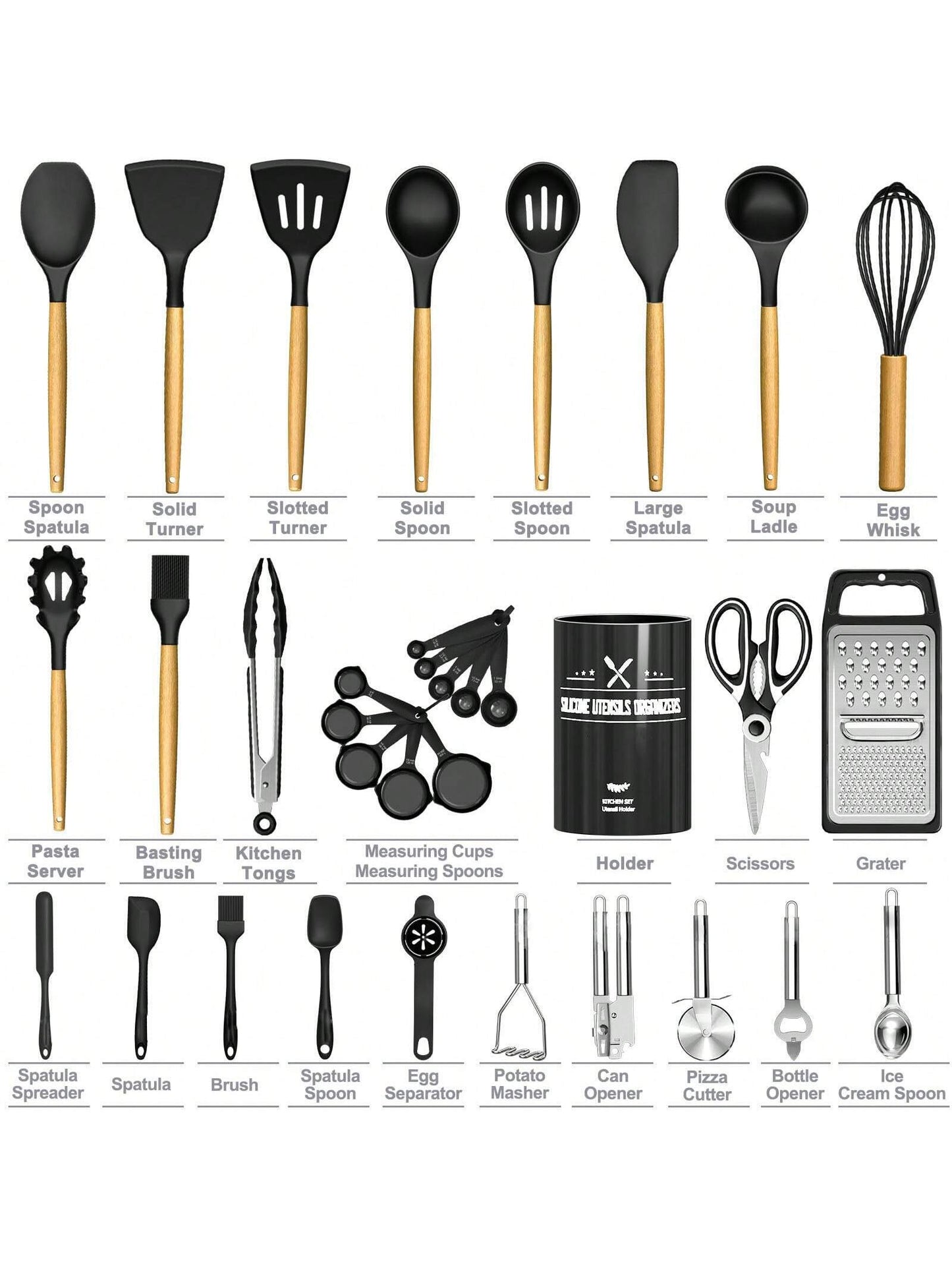 Kitchen Utensils Set – 34PCS Silicone Cooking Utensils with Holder, Heat Resistant Spatula Set for Nonstick Cookware, Black with Wooden Handles