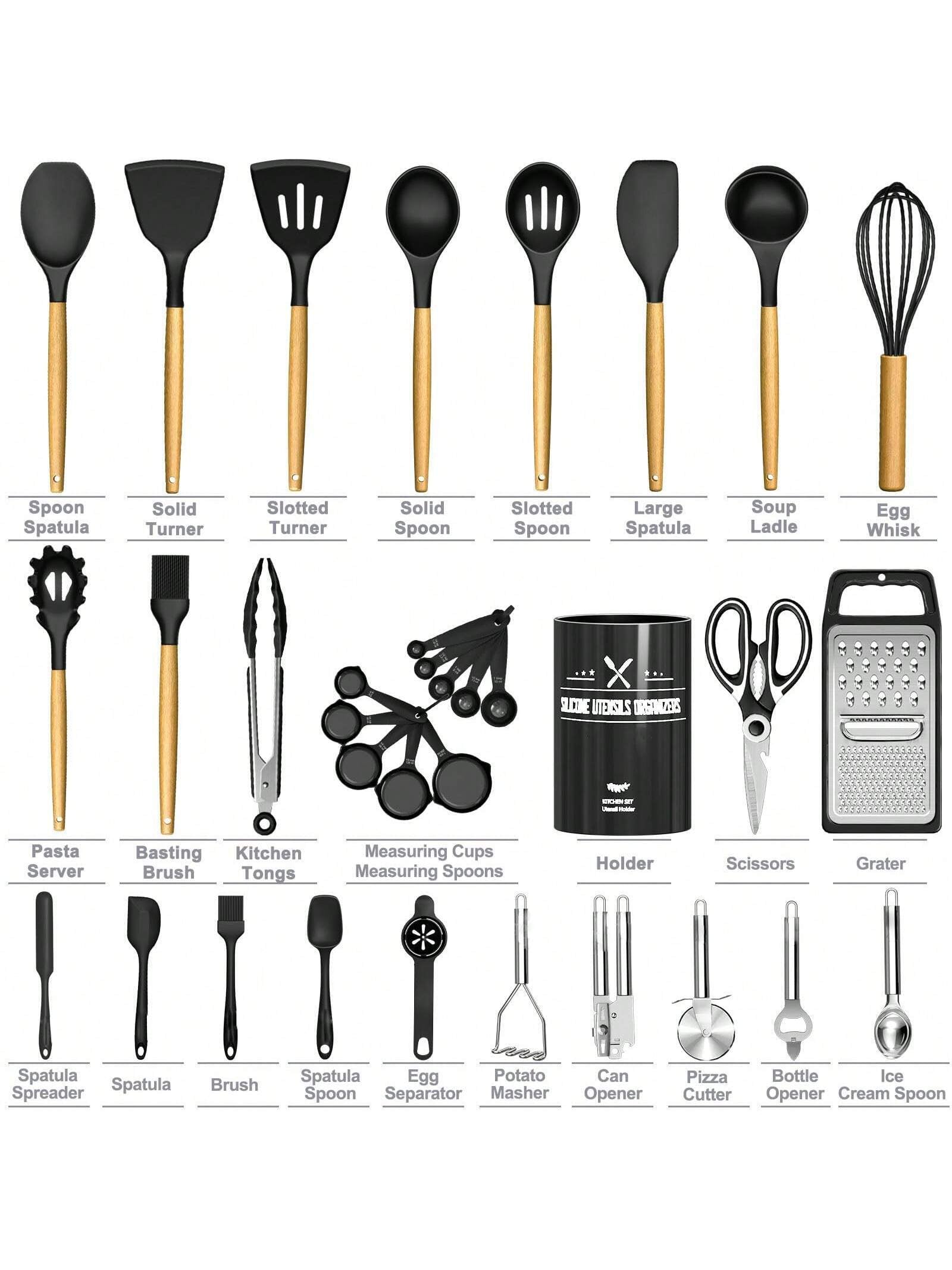 Kitchen Utensils Set – 34PCS Silicone Cooking Utensils with Holder, Heat Resistant Spatula Set for Nonstick Cookware, Black with Wooden Handles