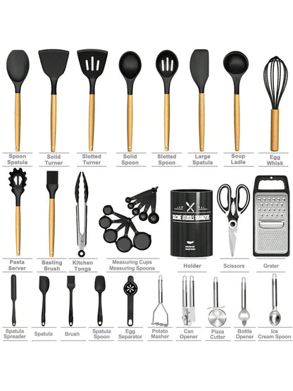 Kitchen Utensils Set – 34PCS Silicone Cooking Utensils with Holder, Heat Resistant Spatula Set for Nonstick Cookware, Black with Wooden Handles