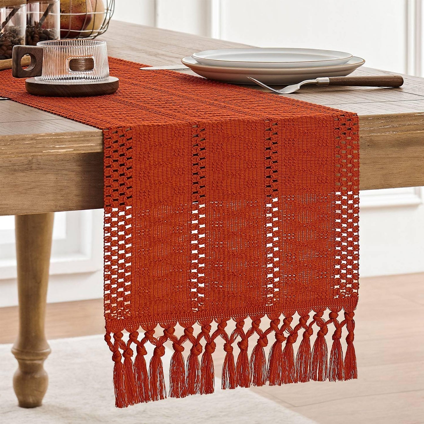 Macrame Style Boho Table Runner – Burnt Ochre (12x48”), Farmhouse Woven Fall Decor with Fringed Edges