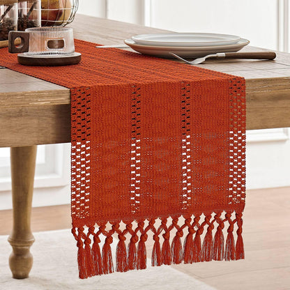Macrame Style Boho Table Runner – Burnt Ochre (12x48”), Farmhouse Woven Fall Decor with Fringed Edges