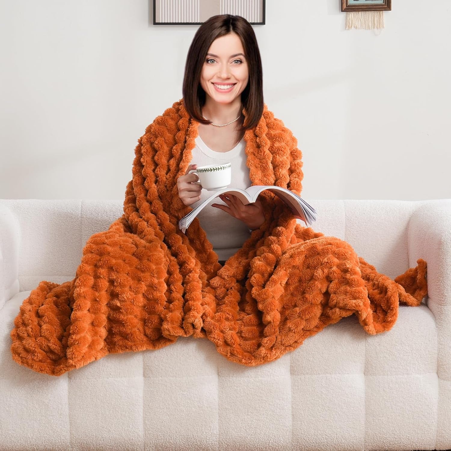 Flannel Fleece Throw Blanket(50X70 Inches), Big 3D Clouds Stylish Hexagon Jacquard Decorative Fuzzy Blankets for Household, Camping, and Travel, Super Soft Cozy, Burnt Orange