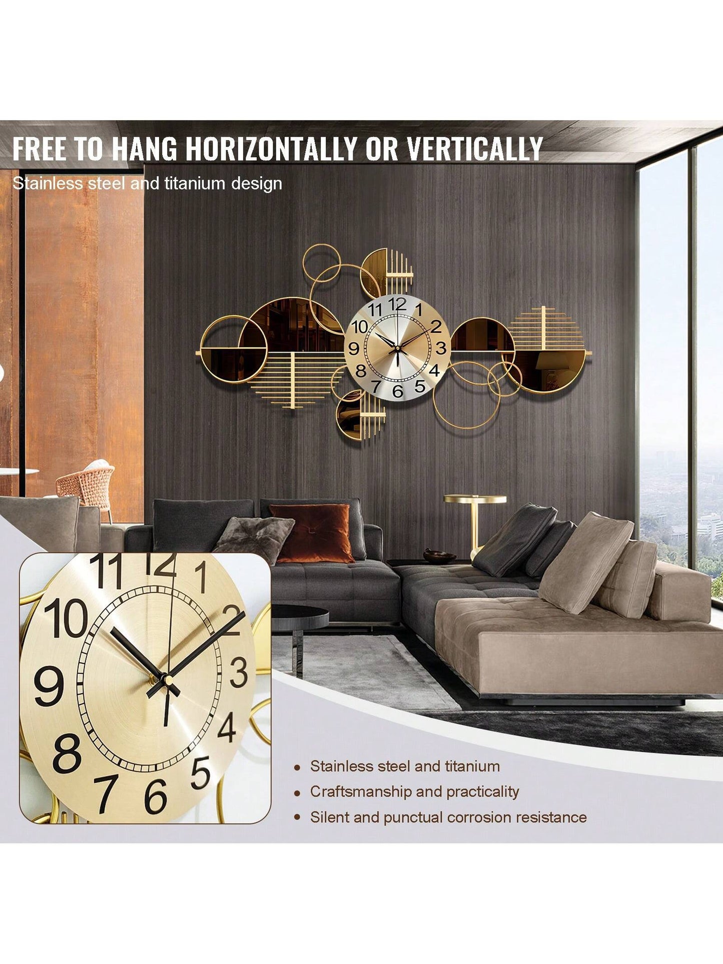 3D Metal Wall Art Clock – Silent Non-Ticking Decorative Wall Clock for Living Room & Bedroom, 34" x 17" (Coffee Brown)