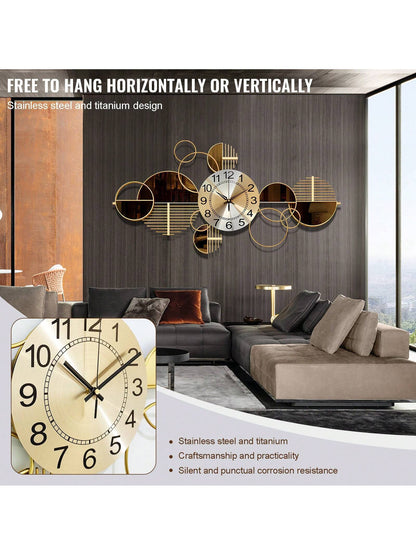 3D Metal Wall Art Clock – Silent Non-Ticking Decorative Wall Clock for Living Room & Bedroom, 34" x 17" (Coffee Brown)