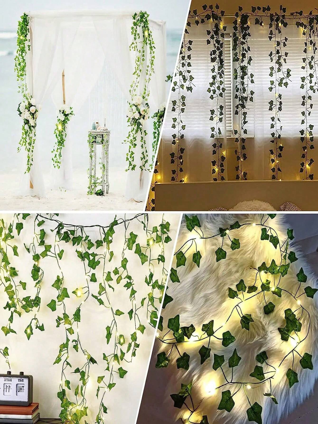 12Pcs Artificial Vine with LED String Lights – Green Leaf Fairy Vines for Bedroom, Garden, Party & Holiday Décor