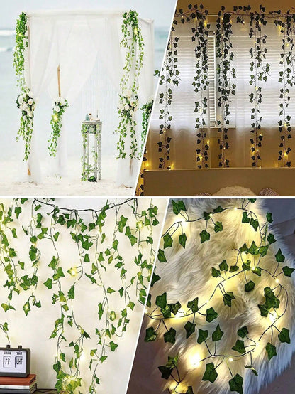 12Pcs Artificial Vine with LED String Lights – Green Leaf Fairy Vines for Bedroom, Garden, Party & Holiday Décor