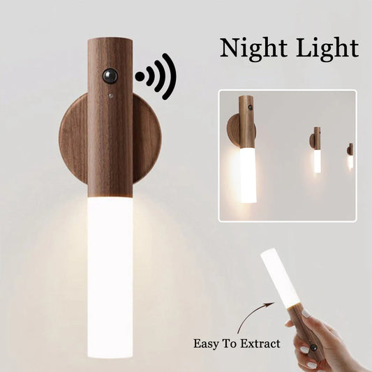 Auto LED Wireless Motion Sensor Night Light – USB Rechargeable Magnetic Wood Lamp for Hallways, Cabinets & Bedrooms