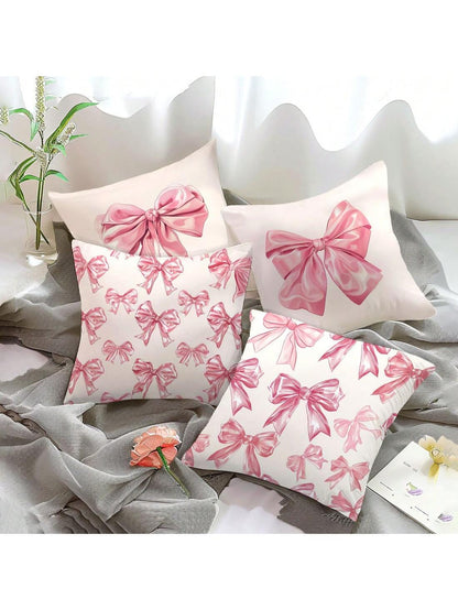 4 Pcs Pink Bow Print Pillow Covers – 17.7" x 17.7" Decorative Cushion Covers for Sofa, Bed & More