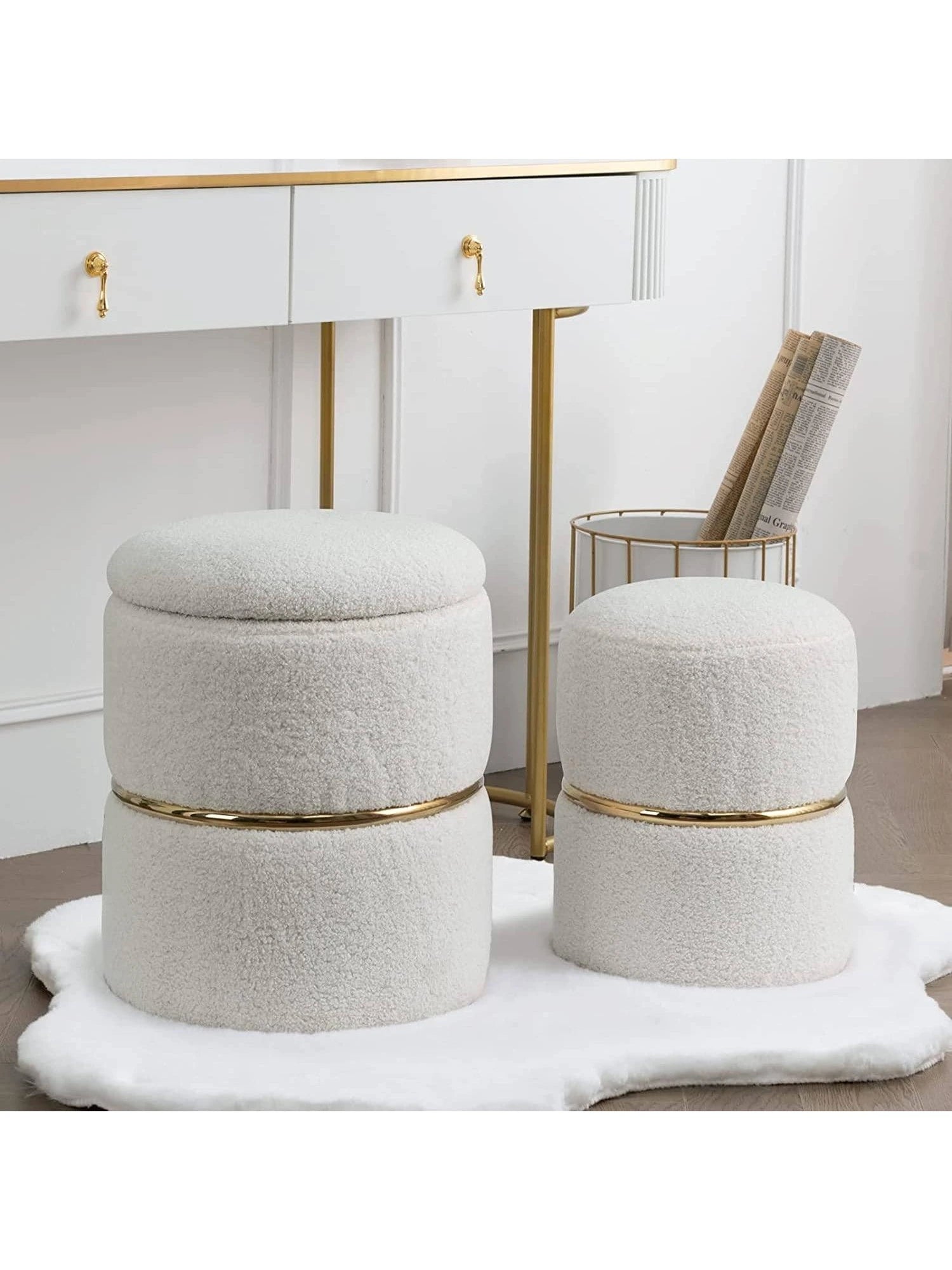 Set of 2 Round Sherpa Storage Ottomans – Plush Modern Footrest & Vanity Stool for Living Room or Bedroom