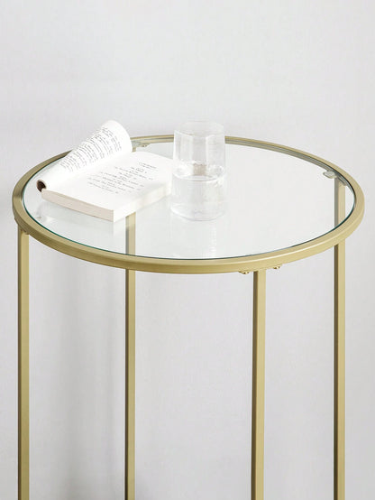 Gold Round Glass Side Table – Modern Metal Frame End Table for Living Room, Bedroom & Balcony