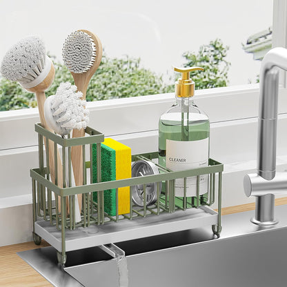 Black Stainless Steel Kitchen Sink Caddy – Rotatable Spout Sponge Holder with Brush Organizer & Soap Storage