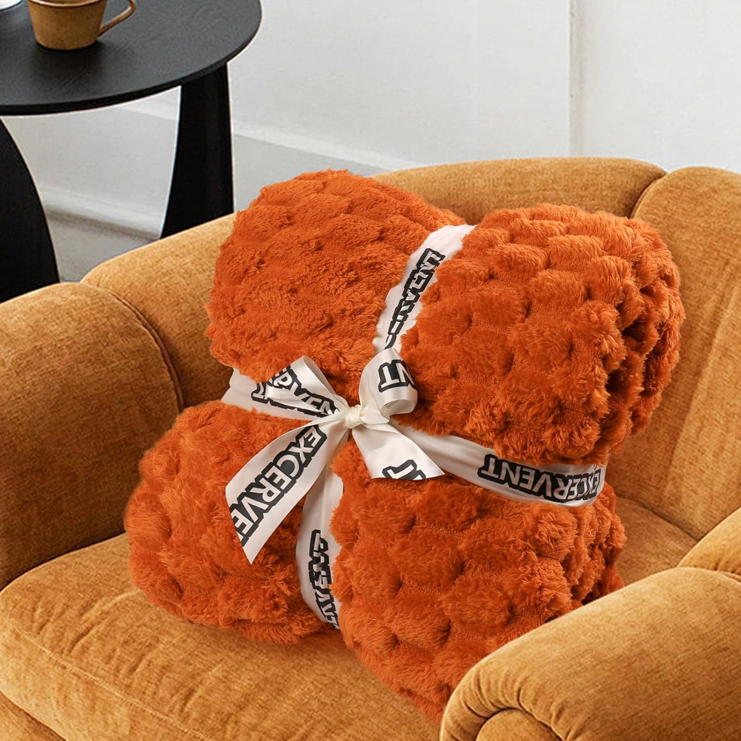 Flannel Fleece Throw Blanket(50X70 Inches), Big 3D Clouds Stylish Hexagon Jacquard Decorative Fuzzy Blankets for Household, Camping, and Travel, Super Soft Cozy, Burnt Orange