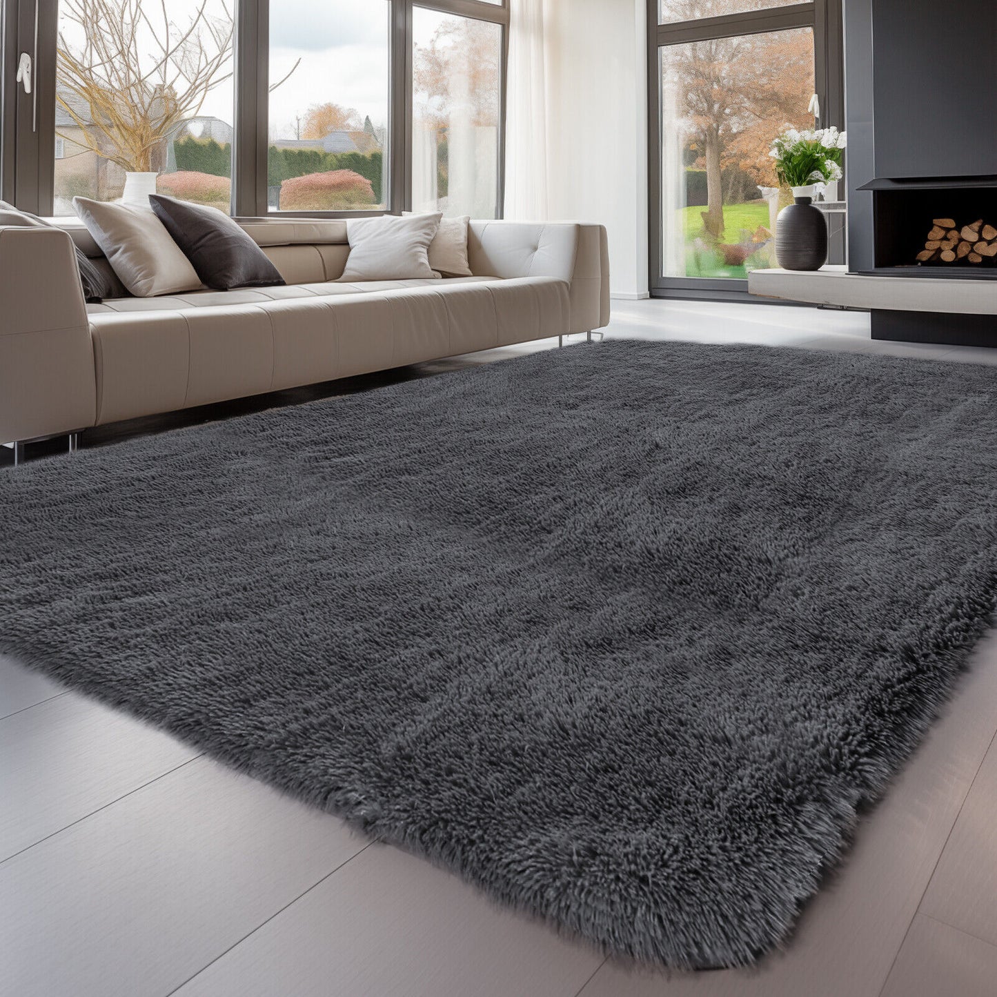 Large Grey Shaggy Area Rug – Ultra-Soft Fluffy Carpet with Non-Slip Bottom for Living Room & Bedroom