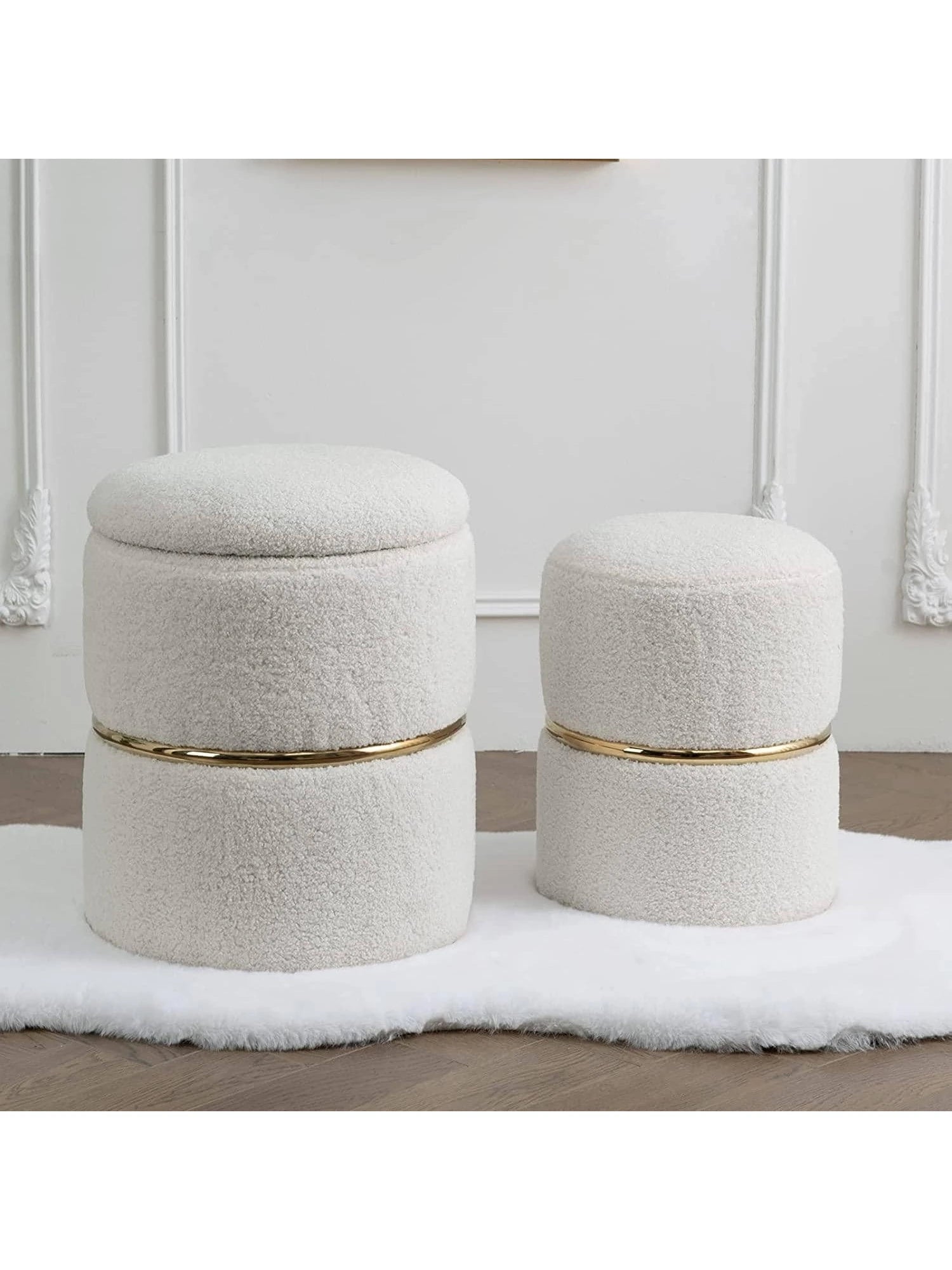 Set of 2 Round Sherpa Storage Ottomans – Plush Modern Footrest & Vanity Stool for Living Room or Bedroom