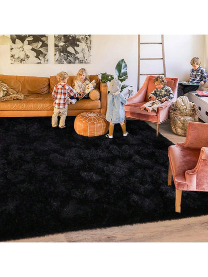 Black Fluffy Shag Rug – Soft Plush High-Pile Area Carpet for Bedroom, Living Room & Dorm Decor