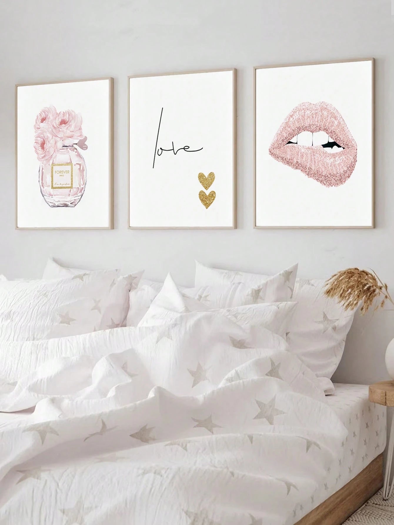 3Pcs Pink Lips & Floral Perfume Canvas Art Set – Fashion Wall Prints for Girls' Rooms, Salons, & Modern Spaces