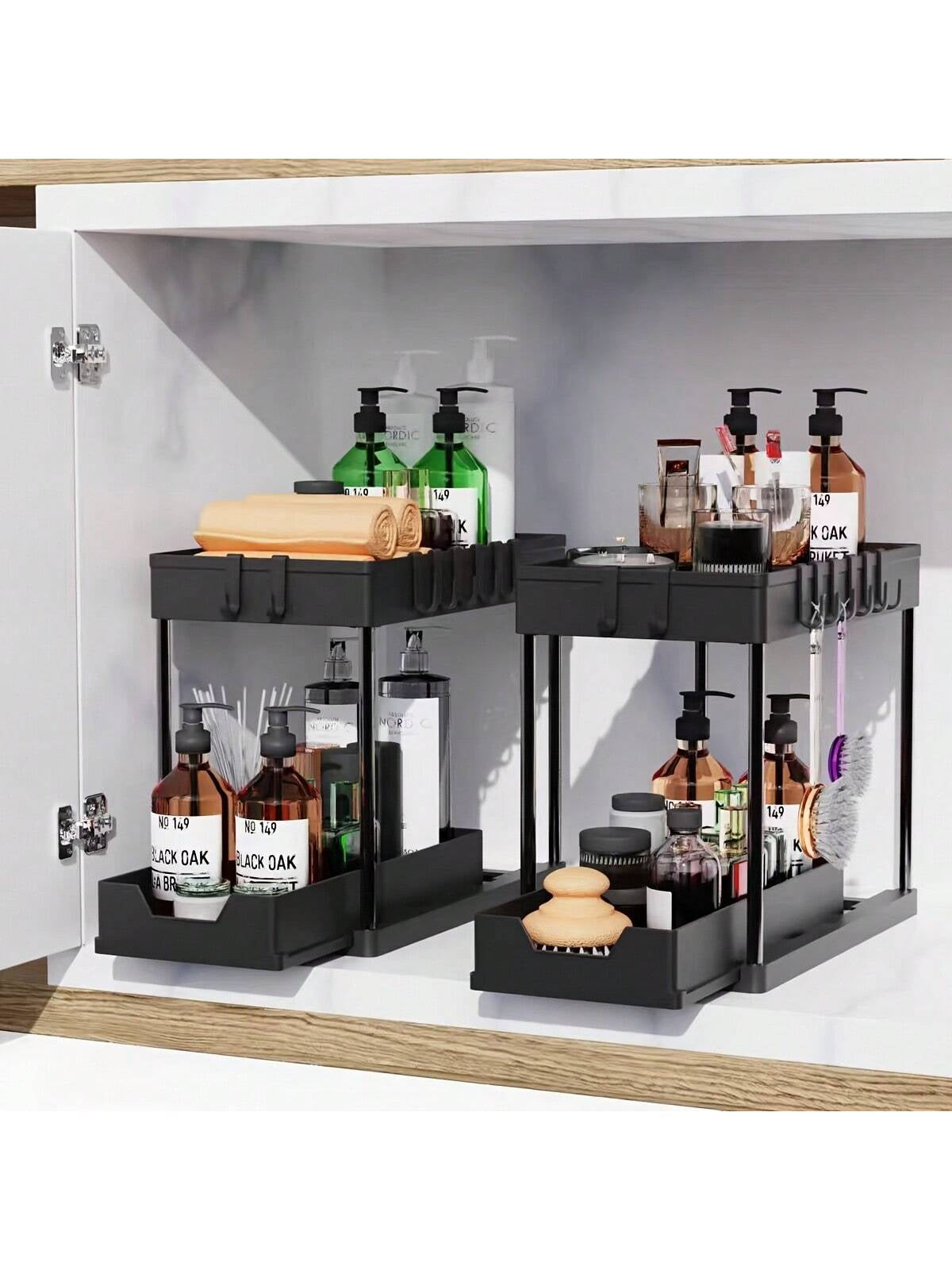 2-Pack Under Sink Organizers – 2-Tier Pull-Out Storage Drawers for Kitchen & Bathroom, Space-Saving and Durable (Black)