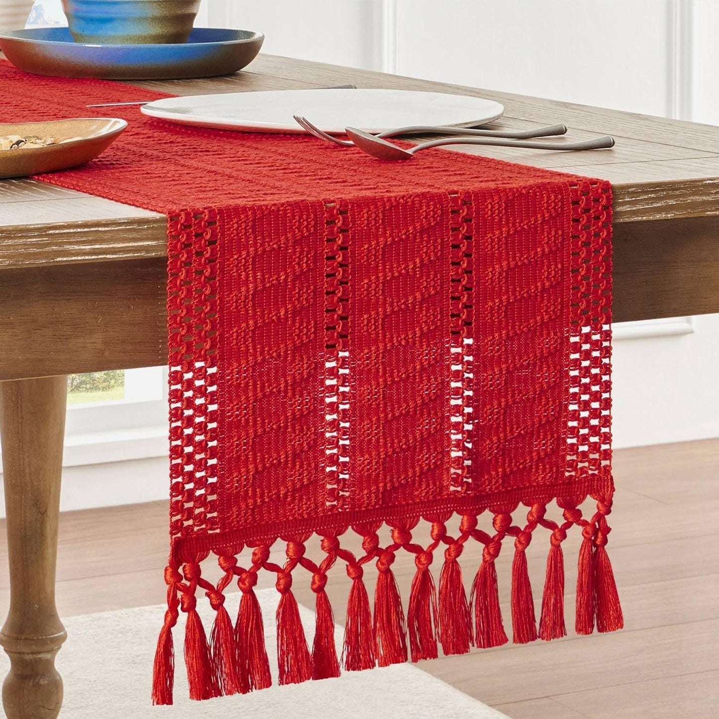 Macrame Style Boho Table Runner – Burnt Ochre (12x48”), Farmhouse Woven Fall Decor with Fringed Edges