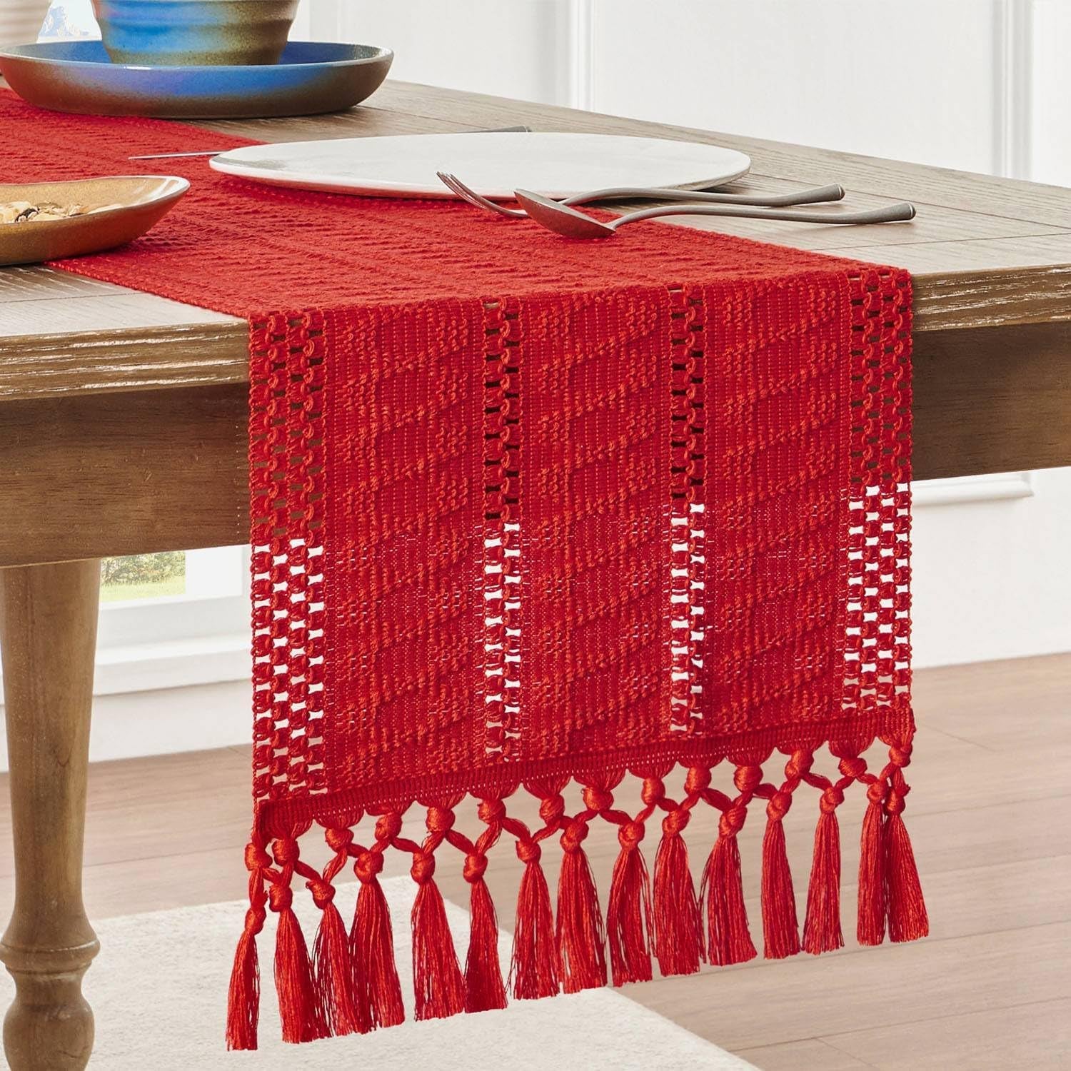 Macrame Style Boho Table Runner – Burnt Ochre (12x48”), Farmhouse Woven Fall Decor with Fringed Edges