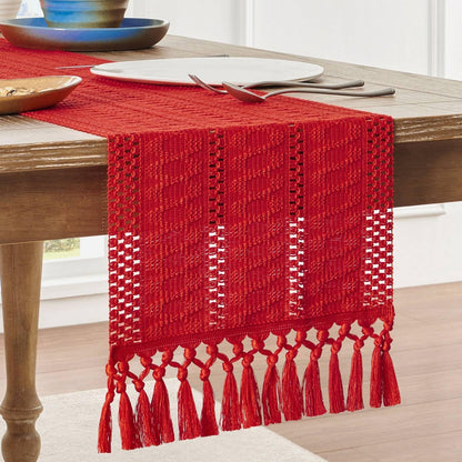 Macrame Style Boho Table Runner – Burnt Ochre (12x48”), Farmhouse Woven Fall Decor with Fringed Edges