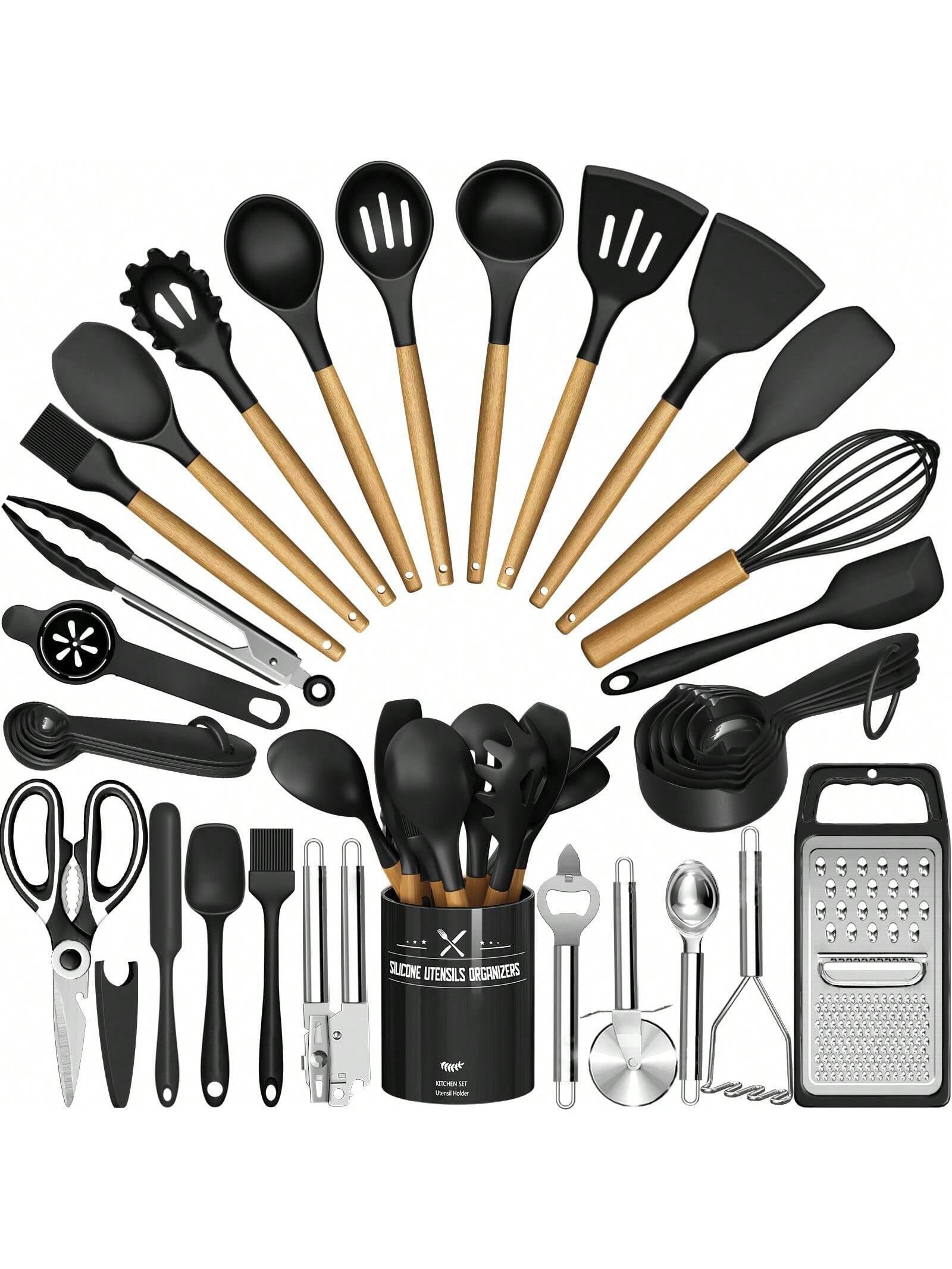 Kitchen Utensils Set – 34PCS Silicone Cooking Utensils with Holder, Heat Resistant Spatula Set for Nonstick Cookware, Black with Wooden Handles