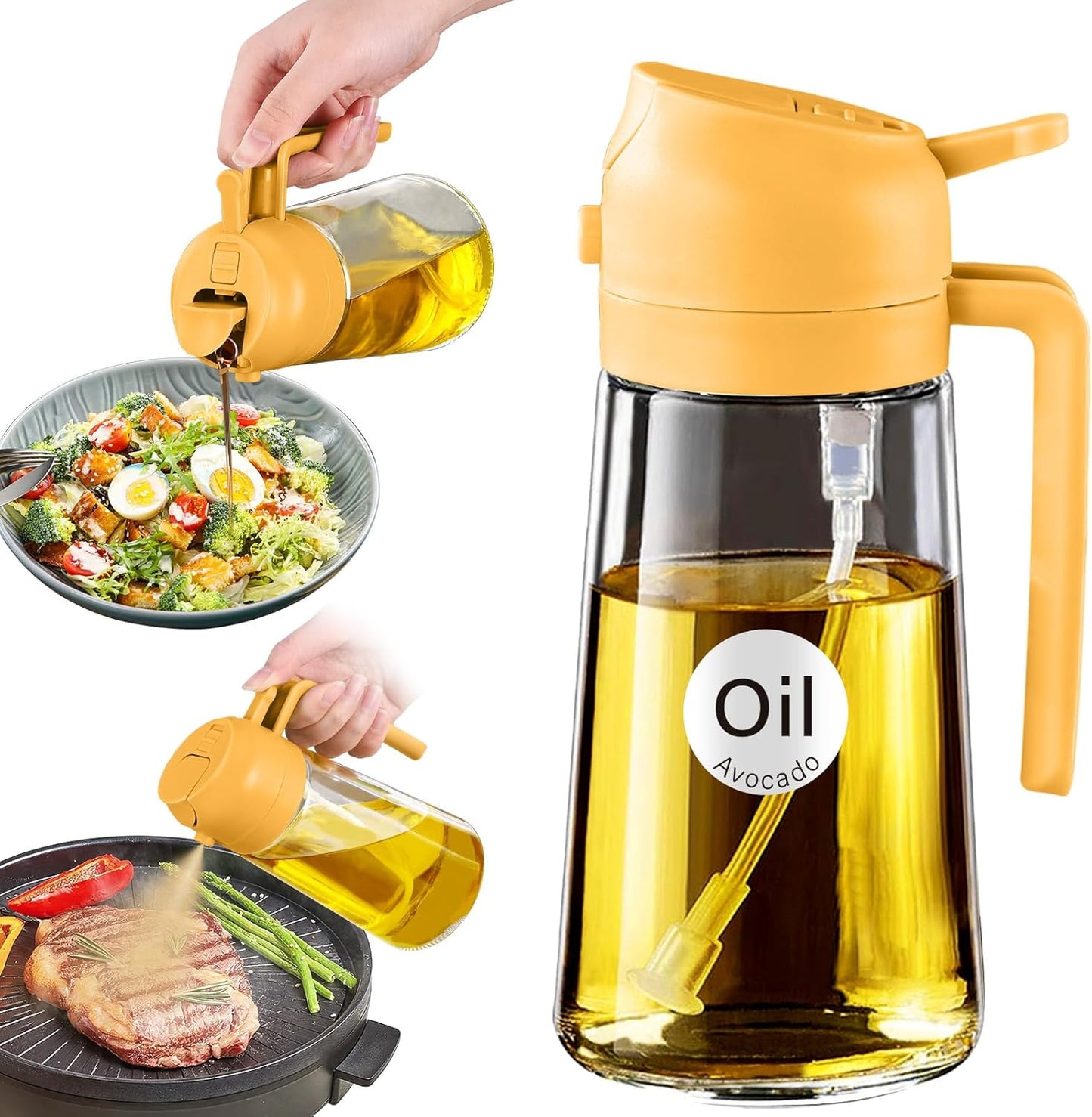 2-in-1 Olive Oil Dispenser & Sprayer – 16oz Glass Bottle for Cooking, Salad, BBQ (Black)