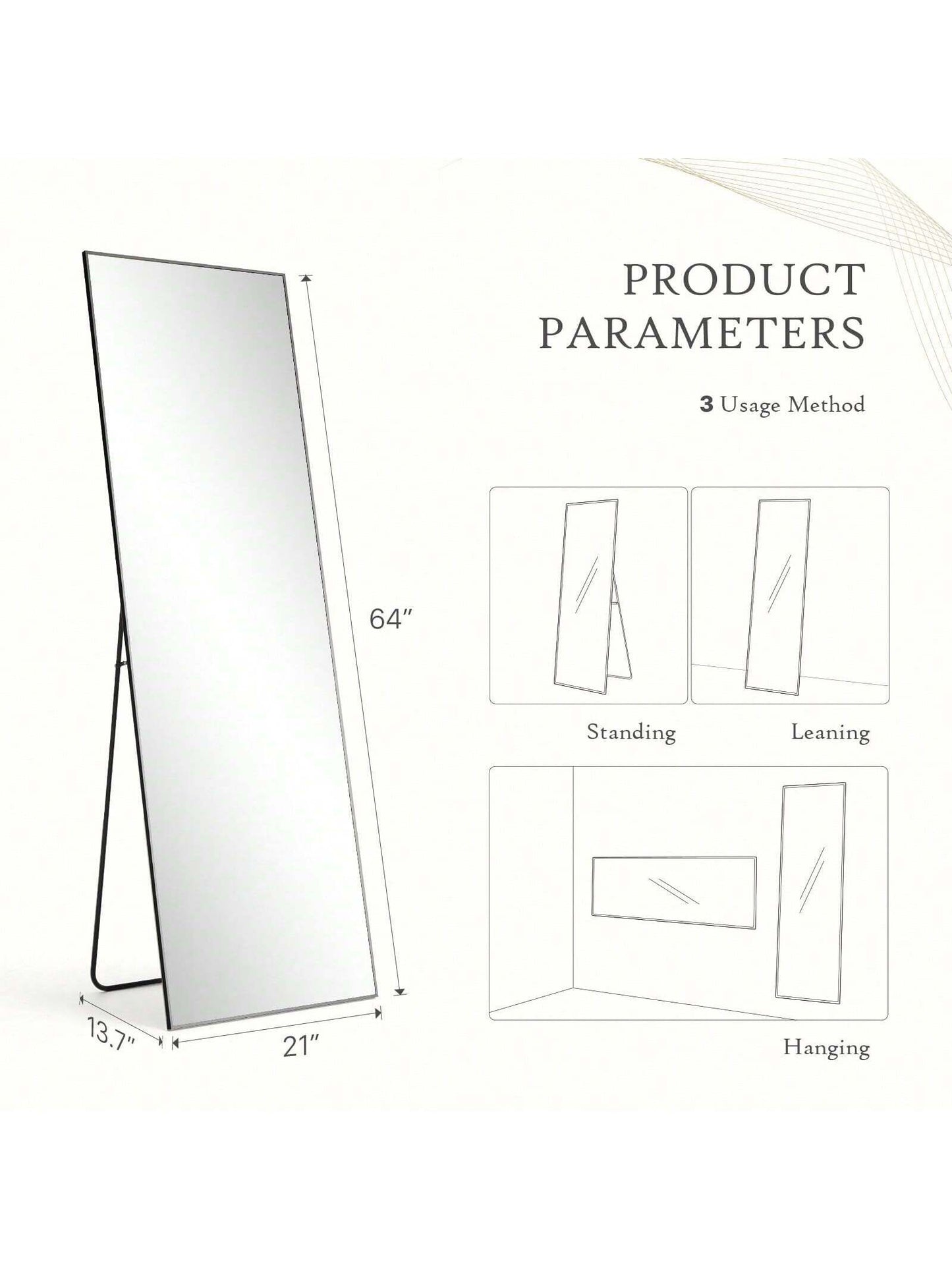 Sweetcrispy Mirror Full Length, 21"X64" Body Wall Mirrors with Shatter-Proof Glass, Floor Standing, Hanging or Leaning, Large Tall Mirror with Stand Aluminum Alloy Frame for Bedroom Cloakroom