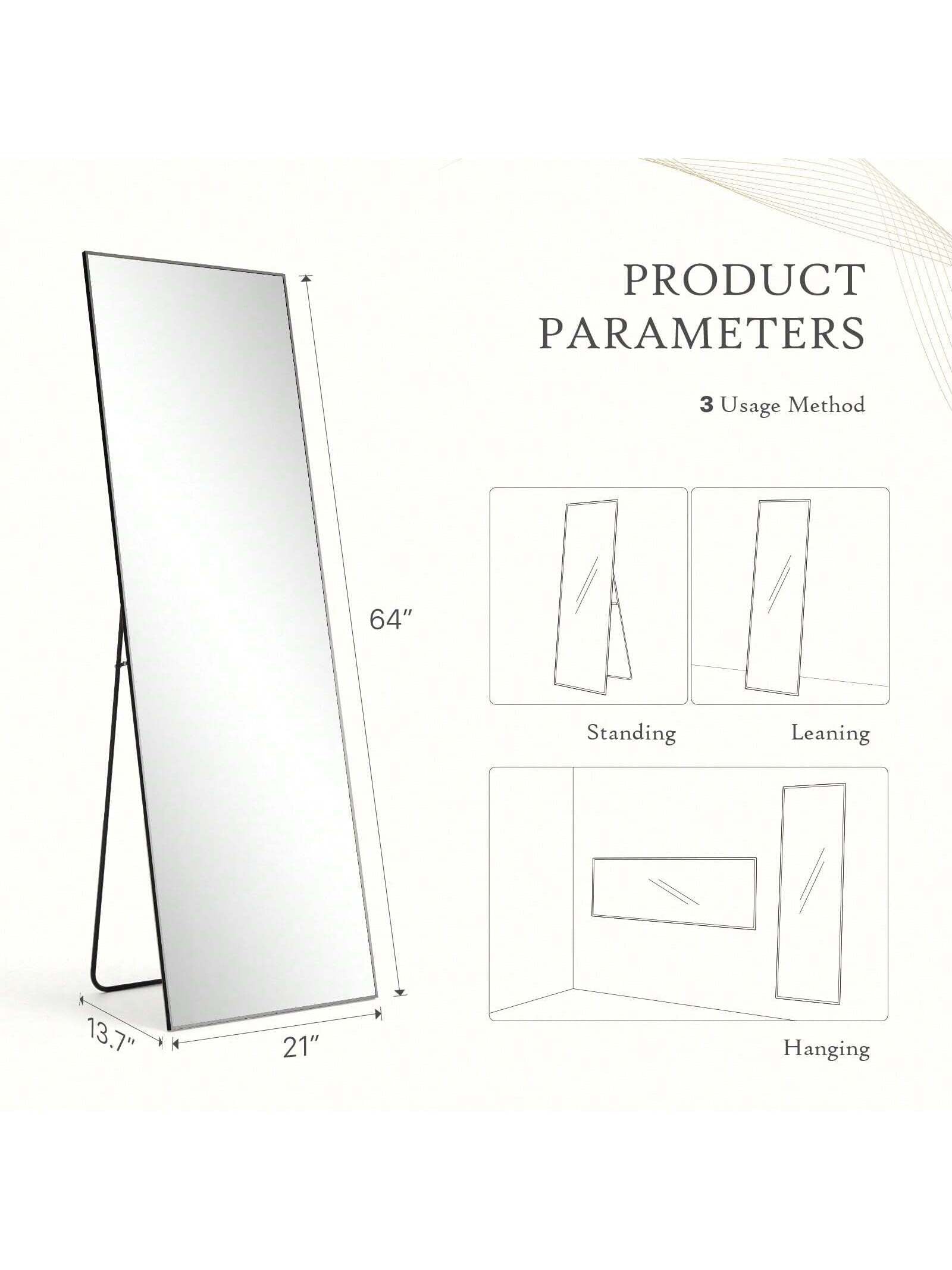 Sweetcrispy Mirror Full Length, 21"X64" Body Wall Mirrors with Shatter-Proof Glass, Floor Standing, Hanging or Leaning, Large Tall Mirror with Stand Aluminum Alloy Frame for Bedroom Cloakroom
