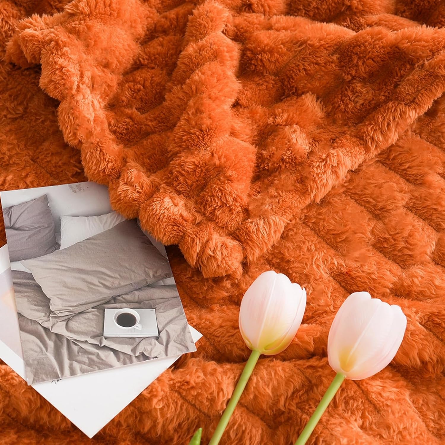 Flannel Fleece Throw Blanket(50X70 Inches), Big 3D Clouds Stylish Hexagon Jacquard Decorative Fuzzy Blankets for Household, Camping, and Travel, Super Soft Cozy, Burnt Orange