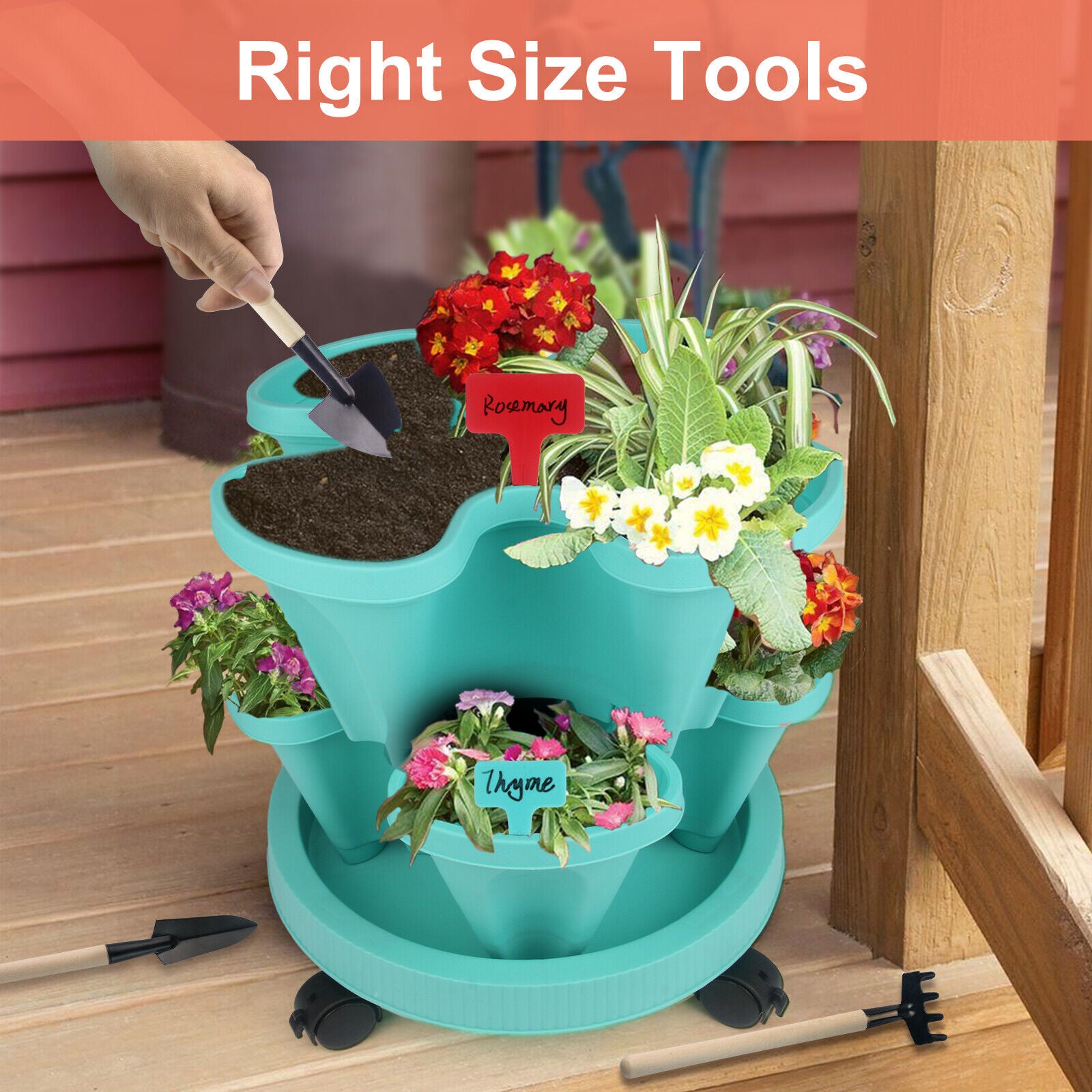 🌱 Product Title: 7-Tier Stackable Vertical Planter with Wheels & Garden Tool Set – Space-Saving Plant Tower for Indoors & Outdoors