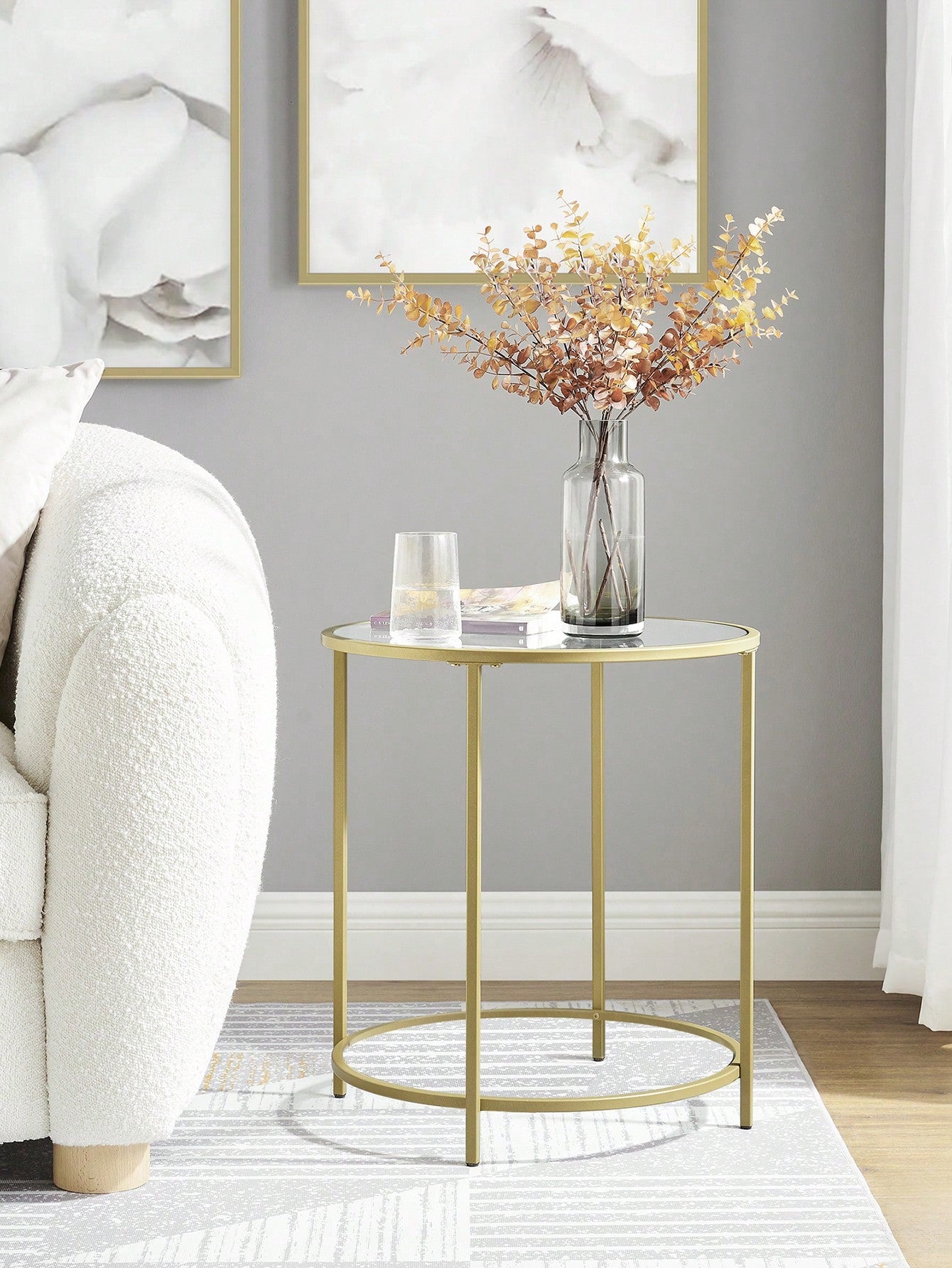 Gold Round Glass Side Table – Modern Metal Frame End Table for Living Room, Bedroom & Balcony