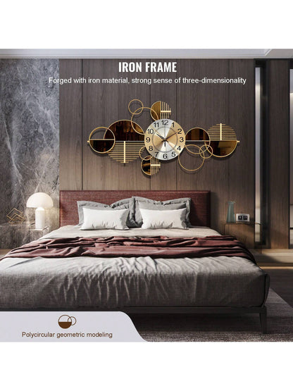 3D Metal Wall Art Clock – Silent Non-Ticking Decorative Wall Clock for Living Room & Bedroom, 34" x 17" (Coffee Brown)