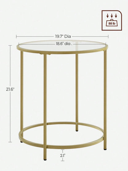Gold Round Glass Side Table – Modern Metal Frame End Table for Living Room, Bedroom & Balcony