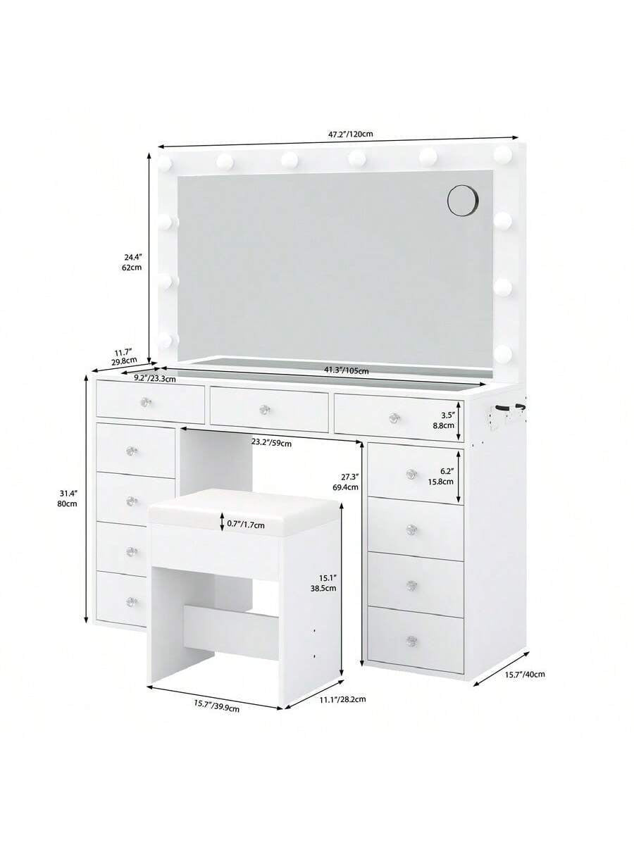 Vanity Desk with Power Outlet – White Makeup Vanity Set with Mirror, 12 LED Lights, 11 Drawers & Chair