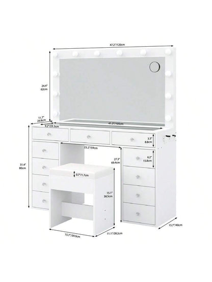 Vanity Desk with Power Outlet – White Makeup Vanity Set with Mirror, 12 LED Lights, 11 Drawers & Chair