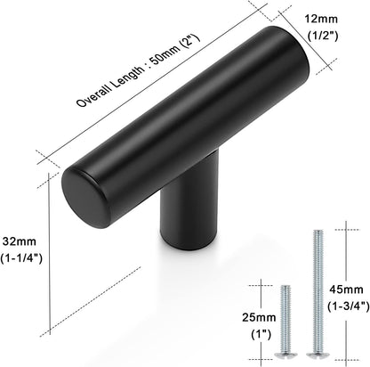 10-Pack Matte Black T-Bar Cabinet Knobs – 2-Inch Stainless Steel Pulls for Kitchen, Dresser & Bathroom Cabinets