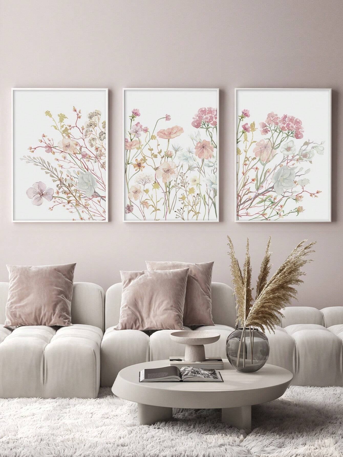 3-Piece Wildflowers Canvas Poster Set – Pink Botanical Wall Art Prints for Bedroom, Living Room & Office Decor (Unframed)