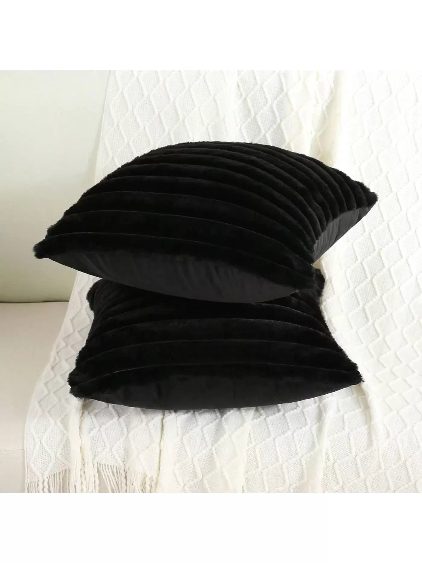 Black Faux Fur Velvet Pillow Covers – Soft Striped Decorative Cushion Cases for Couch or Bed