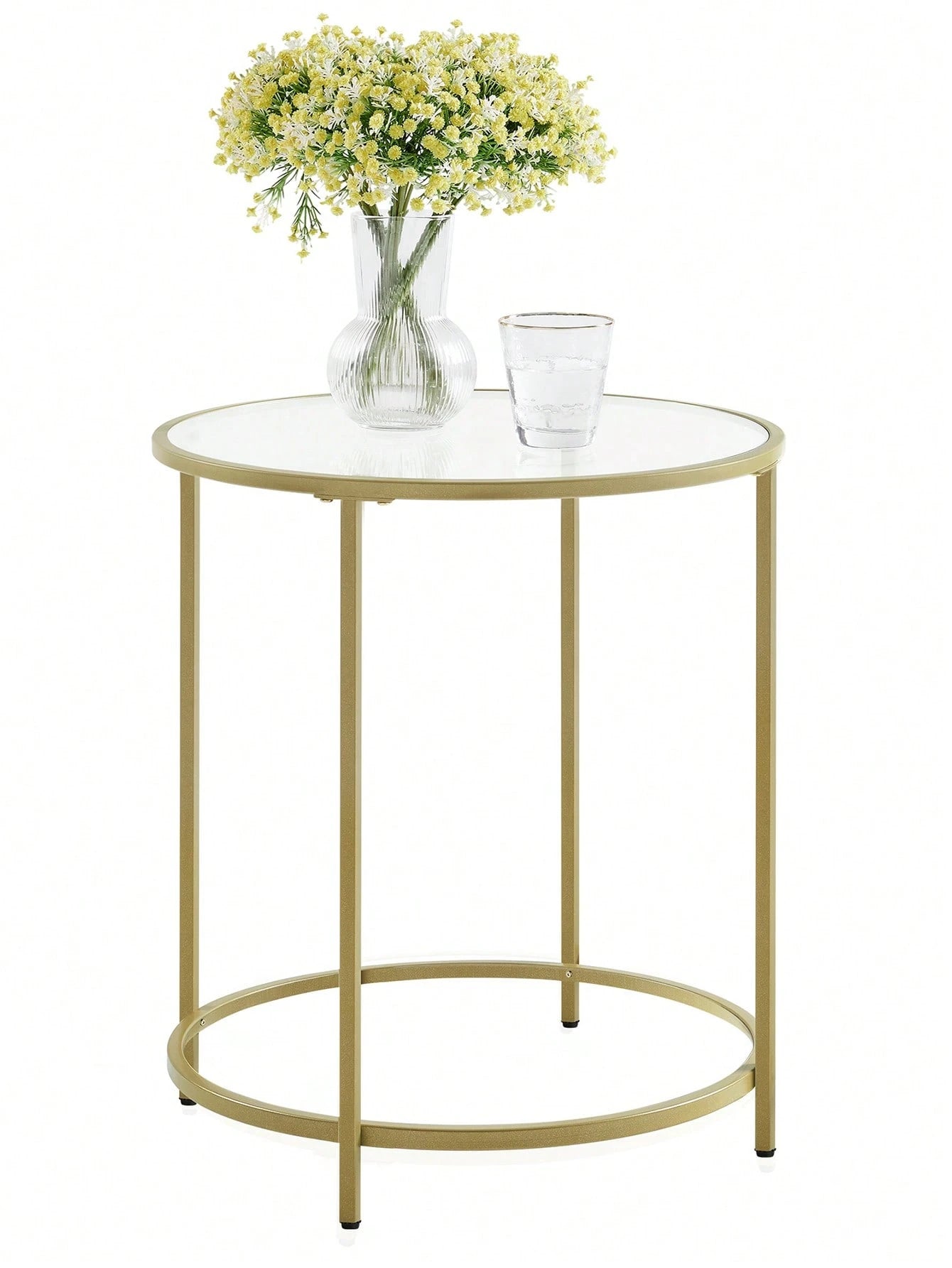 Gold Round Glass Side Table – Modern Metal Frame End Table for Living Room, Bedroom & Balcony