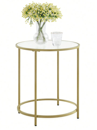 Gold Round Glass Side Table – Modern Metal Frame End Table for Living Room, Bedroom & Balcony