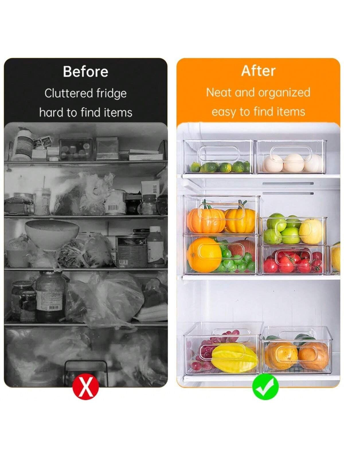 Stackable Refrigerator Organizer Bins – 3/6/9/12 Pack Clear PET Pantry Bins with Handles (3 Sizes)