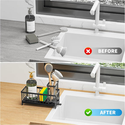 Black Stainless Steel Kitchen Sink Caddy – Rotatable Spout Sponge Holder with Brush Organizer & Soap Storage